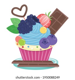 Blackberry cupcake vector illustration cartoon isolated on white background. Cute cupcake vector. 