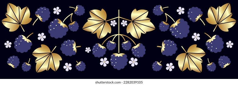 Blackberry, dewberry, gold leaves and small flowers on black background. Border or frieze. Fresh fruit. 