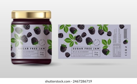 Blackberry or Dewberry jam. Jam for a healthy diet sugar free. Ripe berries and frames with text on a light background.