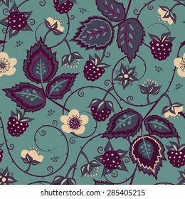 Blackberry floral seamless pattern. Summer vector background for textiles, pillow & interior decoration, web page background, wrapping paper, cosmetics, food & drink package decoration. Editable