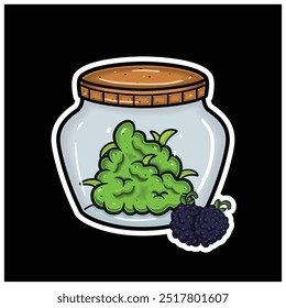 Blackberry  Fruit Flavor With Cartoon Mascot of Weed Bud On Jar. For Sticker and label. Vector and Illustration.