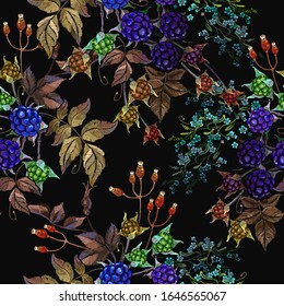 Blackberry fruit growing on branch seamless pattern. Embroidery. Fashion template for clothes, textiles and t-shirt design. Autumn harvest background