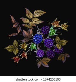 Blackberry fruit growing on branch. Embroidery. Autumn harvest background. Fashion template for clothes, textiles and t-shirt design