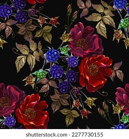 Blackberry fruit growing on branch and red roses flowers. Autumn harvest art. Fashion template for clothes, textiles and t-shirt design. Embroidery seamless pattern