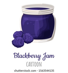 Blackberry fruit jam in a jar isolated close-up illustration, cartoon colorful clip-art.