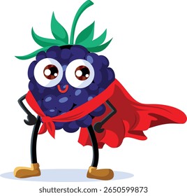 
Blackberry Fruit com um personagem de desenho animado Superhero Cape Vetor. Personagem sobrenatural em forma de fruta de baga selvagem com máscara e manto