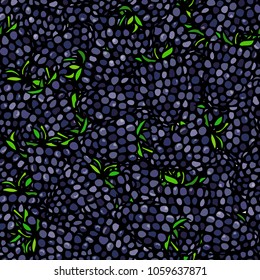 BlackBerry with Green Stem Seamless Endless Background. Summer Berries. Realistic Hand Drawn Illustration. Savoyar Doodle Style.