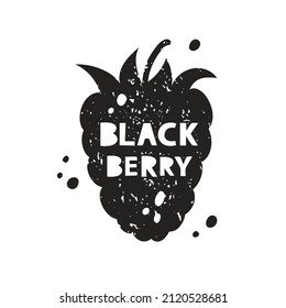 Blackberry grunge sticker. Black texture silhouette with lettering inside. Imitation of stamp, print with scuffs. Hand drawn isolated illustration on white background