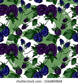 Blackberry healthy food. Black and white engraved ink art. Seamless background pattern. Fabric wallpaper print texture on white background.