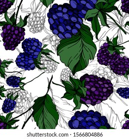 Blackberry healthy food. Black and white engraved ink art. Seamless background pattern. Fabric wallpaper print texture on white background.