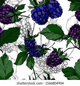 Blackberry healthy food. Black and white engraved ink art. Seamless background pattern. Fabric wallpaper print texture on white background.
