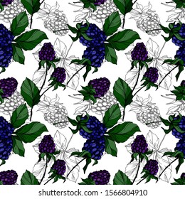 Blackberry healthy food. Black and white engraved ink art. Seamless background pattern. Fabric wallpaper print texture on white background.