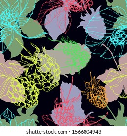 Blackberry healthy food. Black and white engraved ink art. Seamless background pattern. Fabric wallpaper print texture on white background.