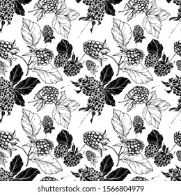 Blackberry healthy food. Black and white engraved ink art. Seamless background pattern. Fabric wallpaper print texture on white background.