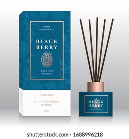 Blackberry Home Fragrance Sticks Abstract Vector Label Box Template. Hand Drawn Sketch Flowers, Leaves Background. Retro Typography. Room Perfume Packaging Design Layout. Realistic Mockup. Isolated.