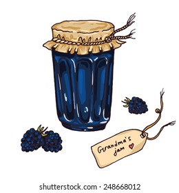 Blackberry homemade grandmas jam with label and fruits, vector sketch style illustration 