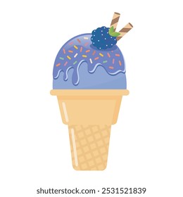 Blackberry ice cream cone with wafer rolls vector illustration. Fresh fruit and sweet dessert.
