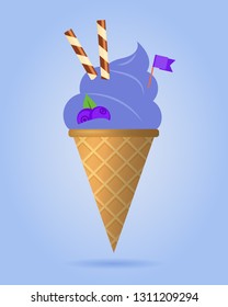 Blackberry ice cream with wafer rolls in waffle cone, dairy product. Ice cream scoop image in flat style. Vector illustration.