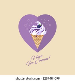 Blackberry ice cream in waffle cone. Ice cream, jam and berry on heart background with decor. 