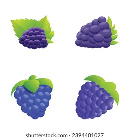 Iconos de Blackberry configuran el vector de dibujos animados. Fruta fresca de moras negras con tallo. Berry orgánica