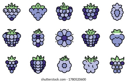 Iconos de Blackberry. Conjunto de esquemas de iconos vectoriales de mora negra color de línea delgada plano sobre blanco