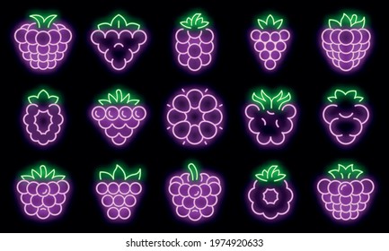 Blackberry icons set. Outline set of blackberry vector icons neon color on black