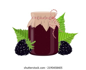 Blackberry jam or confiture jar in rustic style, homemade fruit berry preserve, vector illustration on white background
