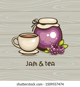Blackberry jam with cup of tea vector illustration. Colorful jar with berries and hot drink on wooden background. Design for logo, menu and label. Homemade dessert.
