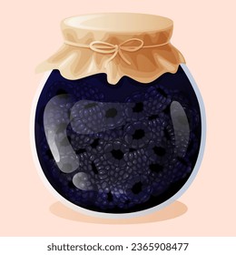 blackberry jam in a glass jar and fresh berries. Vector illustration of berry jam in cartoon flat style. sweet homemade preserve, jam product from sour berry and sugar syrup. 3d vector