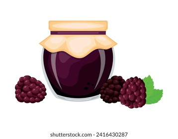 Blackberry-Marmelade in Glaskeramik und frische Brombeeren, Vektorgrafik. Glas Brombeermarmelade Design Element. Blackberry-Marmelade-Symbol einzeln auf weißem Hintergrund