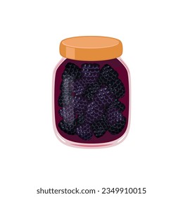 Blackberry jam in glass jar. Vector flat icon of organic sweets. Healthy food illustration.