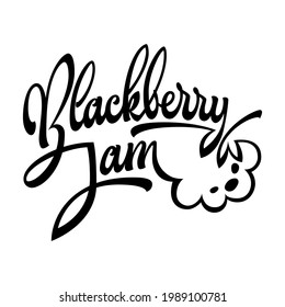 Confitura de Blackberry - logotipo de escritura a mano con estilo de escritura con flúor icono de berry. Elemento de diseño Jam jar 