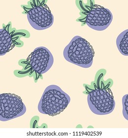 Blackberry with leaves seamless pattern for site, blog, coloring book, fabric. Vector