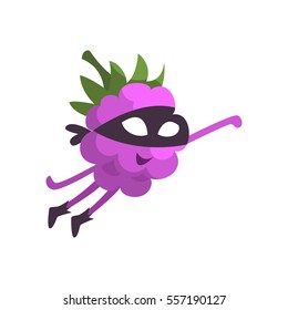 Blackberry In Mask Flying Like Superhero, Part Of Vegetables In Fantasy Disguises Series Of Cartoon Silly Characters