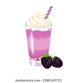 Blackberry milkshake. Vector cartoon illustration of berry cocktail with whipped cream. Sweet summer drink in glass with straw.