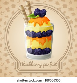 Blackberry parfait dessert with syrup and berries badge and food cooking icons on background vector illustration