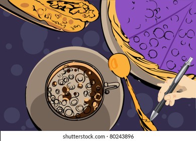 A blackberry pie, cheese buns and a cup on the blue tablecloth.