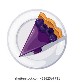 Blackberry pie slice on plate, top view vector illustration. Cartoon isolated baked cake piece with blue berry and shortcrust pastry for eating, portion of homemade sweet rustic pie for dessert