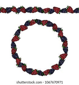 Blackberry, Raspberry and Green Leaves Endless Brush, Border. Round Wreath with Summer Berries. Greeting Card Pattern. Realistic Hand Drawn Illustration. Savoyar Doodle Style.