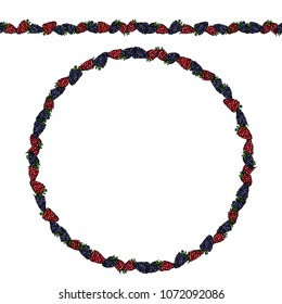 Blackberry, Raspberry and Green Leaves Endless Brush, Border. Round Wreath with Summer Berries. Greeting Card Pattern. Realistic Hand Drawn Illustration. Savoyar Doodle Style.