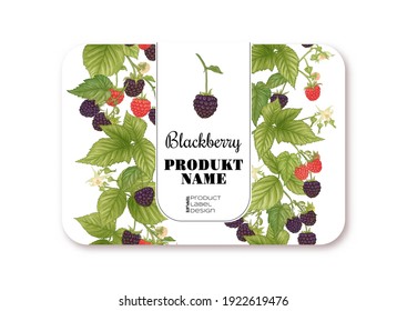 Blackberry. Ripe berries on branch. Template for product label, cosmetic packaging. Easy to edit. Graphic drawing, engraving style. Vector illustration..
