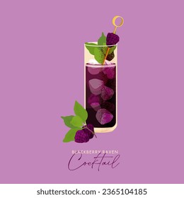 Blackberry rum raven cocktail. Fall Halloween Alcoholic drink with ice, lime, lemon juice and blackberries. Autumn beverage vector illustration