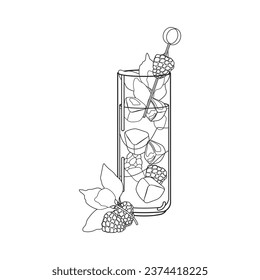 Blackberry rum raven cocktail isolated line art on white background. Fall Halloween Alcoholic drink with ice, lime, lemon juice and blackberries. Autumn beverage outline vector illustration
