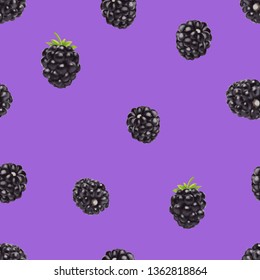 Blackberry seamless pattern. 3d realistic vector berries on violet background. Food textile design