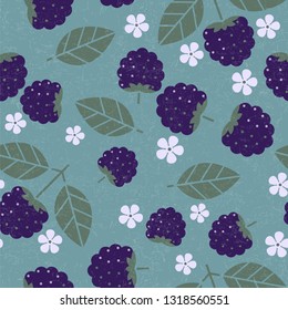 Blackberry seamless pattern. Blackberries with leaves and flowers on shabby background. Original simple flat illustration. Shabby style.