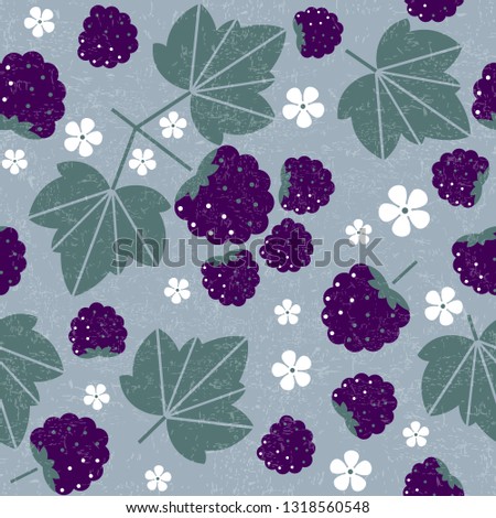 Blackberry seamless pattern. Blackberries with leaves and flowers on shabby background. Original simple flat illustration. Shabby style.