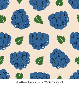 Blackberry seamless pattern. Cartoon black bramble berries with green leaves, organic forest fruit healthy food concept. Vector blackberries texture.