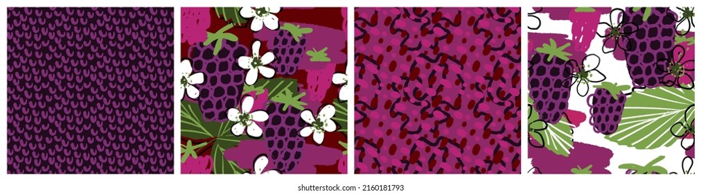 Blackberry nahtloses Muster-Set. Abstrakte Brombeere und floraler Vektor-Stoffdruck in violetten und grünen Farben. Trendy, handgezeichnet, für Nektar oder Konfitüren, Hintergrund oder Stoff.