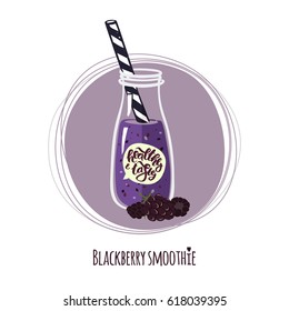 Blackberry smoothie. Cute bottle of healthy cocktail. Detox drink. Healthy & tasty beverage from garden and forest berries. Vector illustration. Hand drawn lettering.