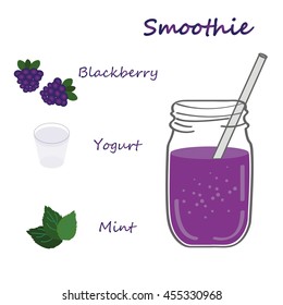 Blackberry Smoothie Recipe. Doodle Style. Cartoon Smoothie To Go Cup With Different Fruits Smoothies Cocktail. Natural Bio Drink, Healthy Organic Food. Vector Illustration In Flat Style